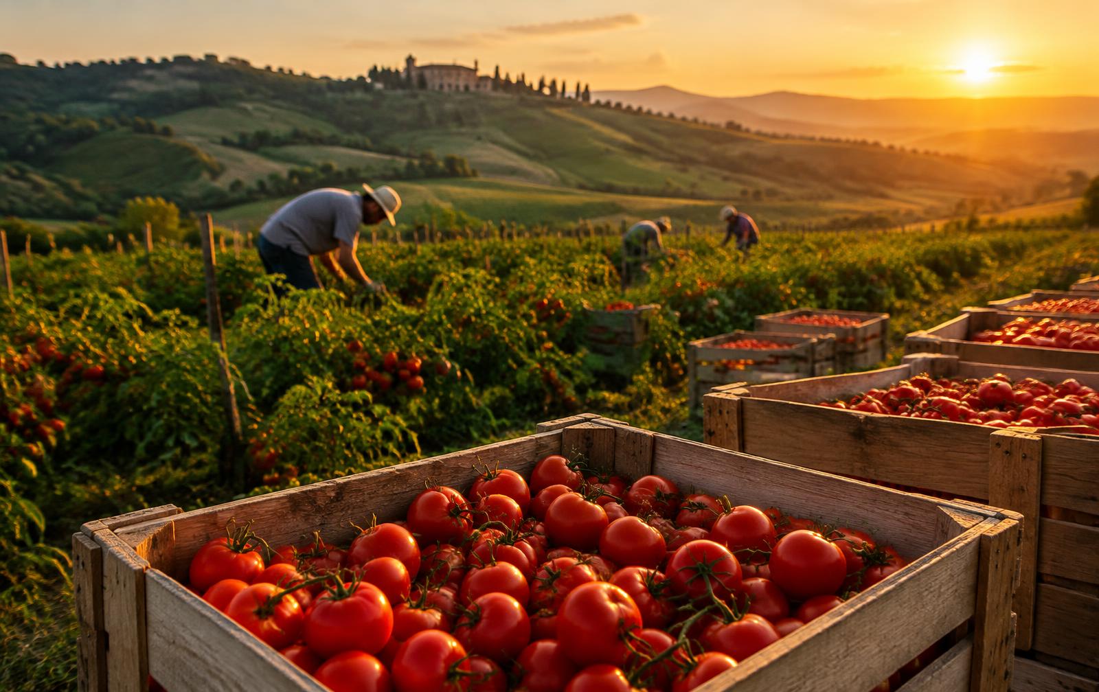 Raccolta di pomodori in un campo italiano al tramonto
